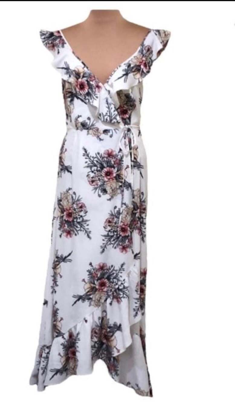Loveriche Women's White Floral Print V-Neck Ruffle Maxi Dress Size S